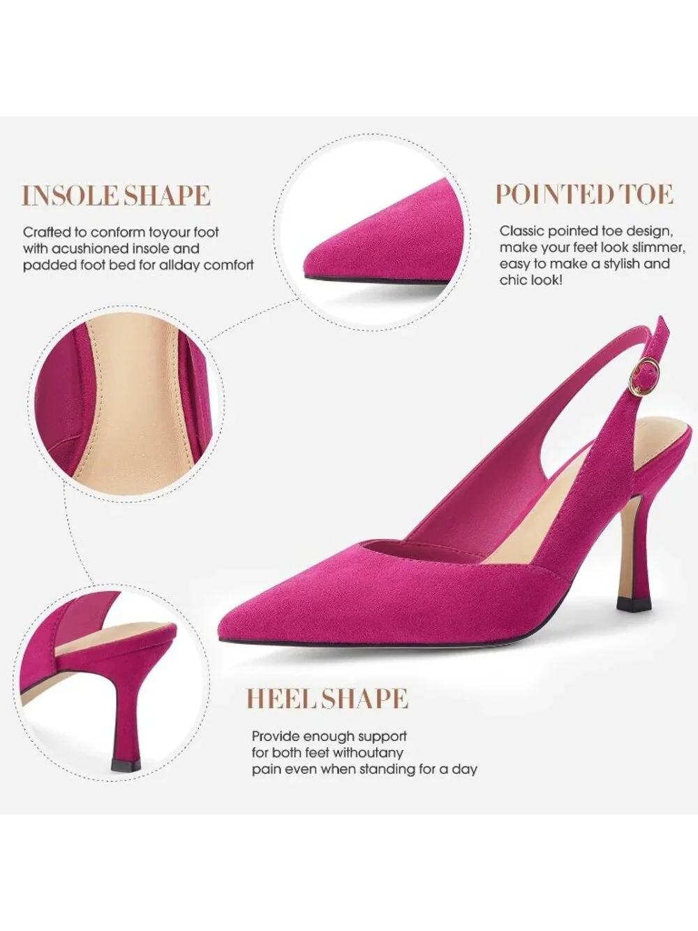 Women's Rose Red Suede Slingback Kitten Heel Closed Pointed Toe Dress Pump Shoes